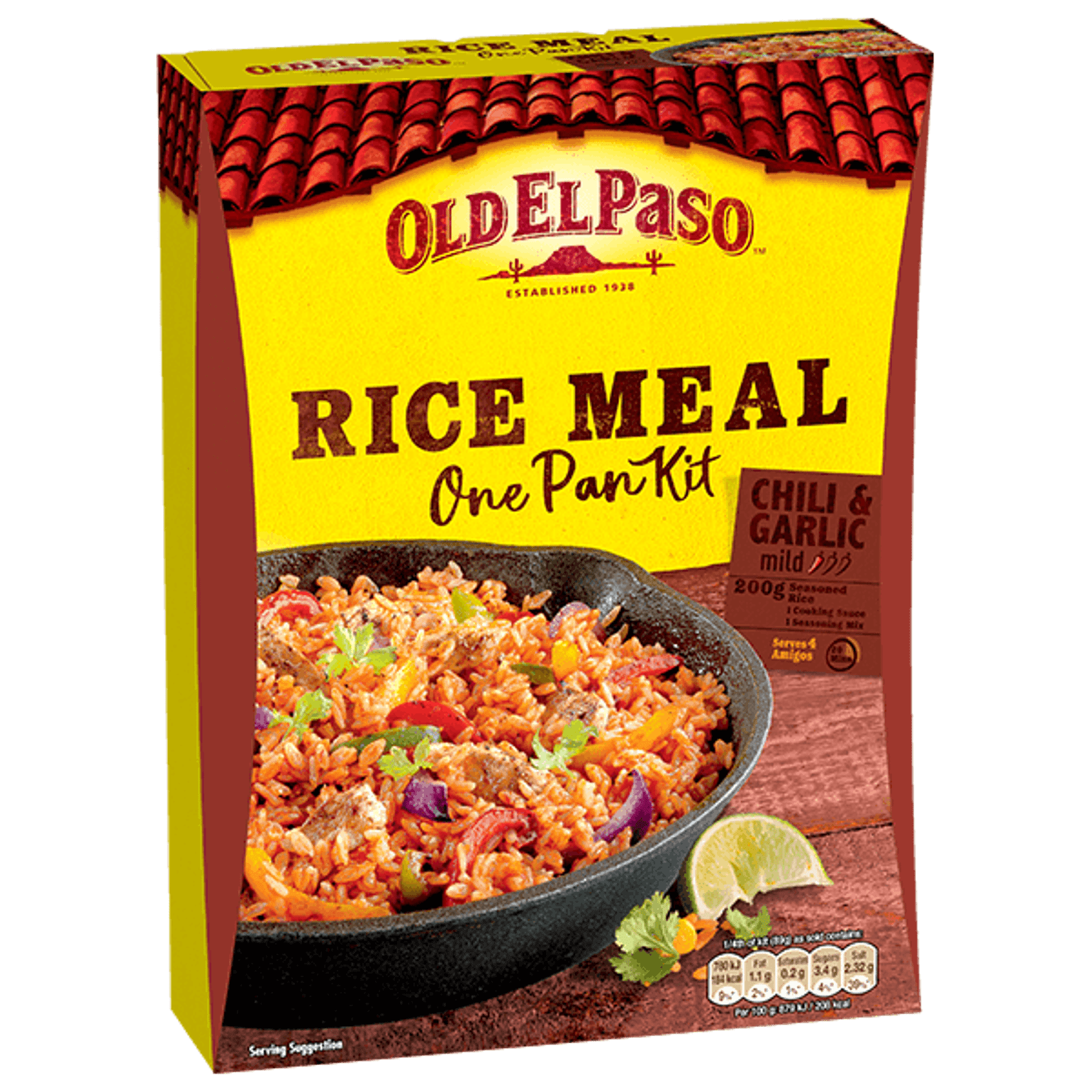 pack of Old El Paso's chili garlic one pan rice meal kit containing seasoned rice, cooking sauce & seasoning mix